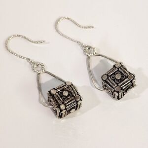Genuine Artisan Handcrafted Sterling Silver "Bali" Heavy Dangling Cube Earrings
